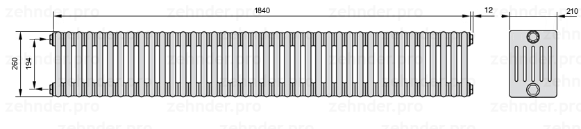 Схема (чертеж) Радиатор Zehnder Charleston 6026/40 №1270 Белый глянцевый RAL 9016